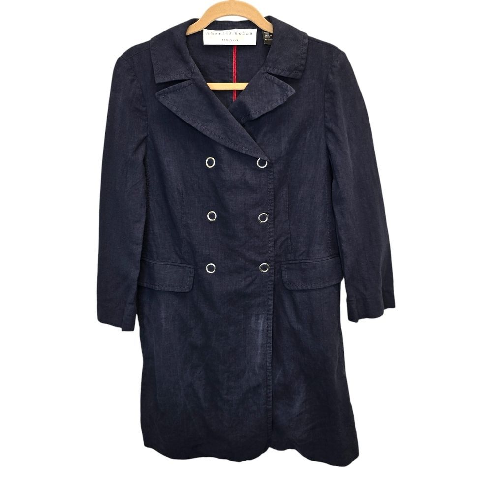 Charles Nolan Women's 8 Double Breasted Dark Blue 100% Linen Trench Coat Jacket